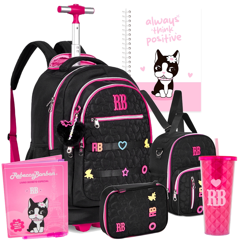 KIT Mochila De Carrinho Jeans C/ Chaveiro Pompom Estojo Lancheira Escolar Rebecca Bonbon R...
