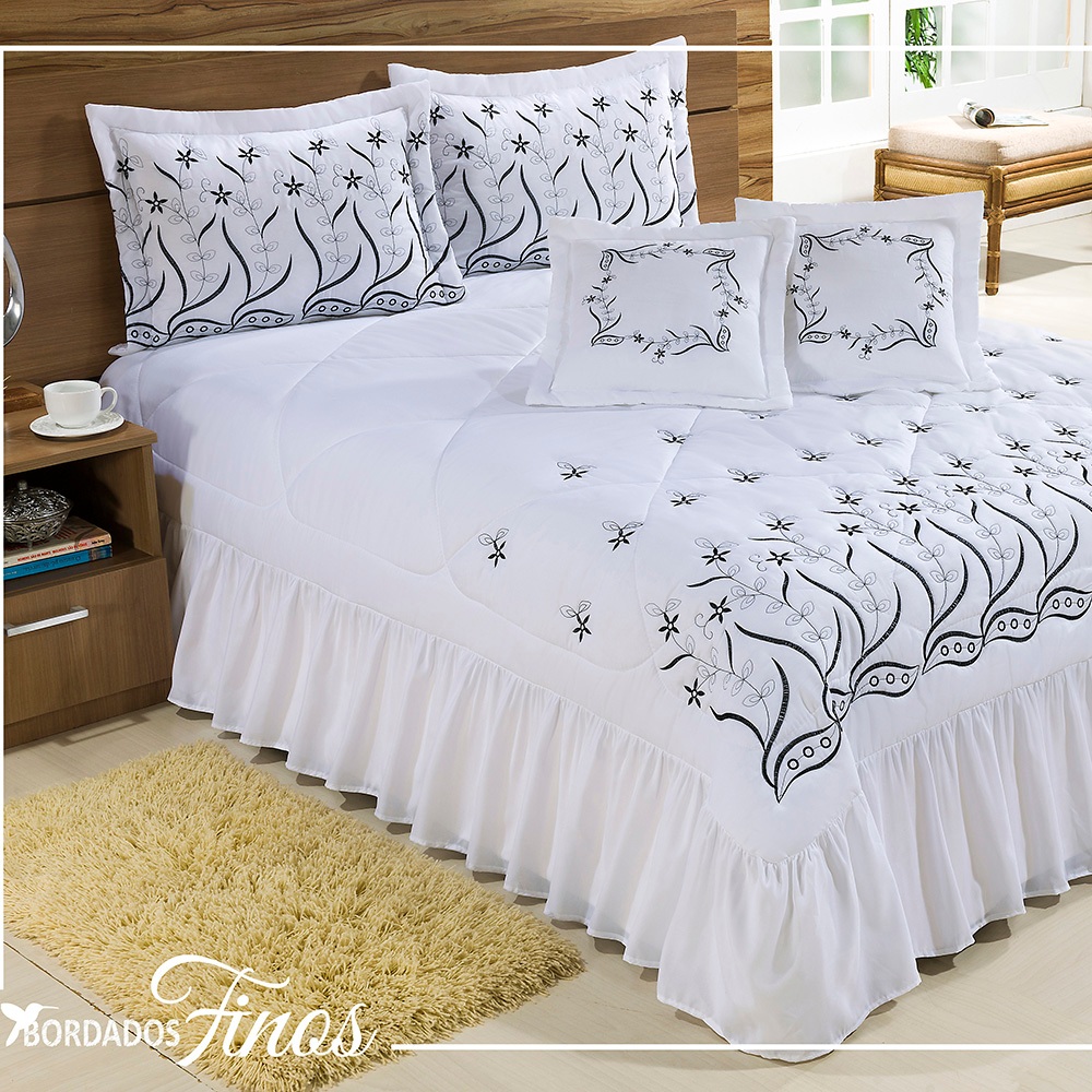 Kit Roupa de Cama Colcha Cobre Leito Desejos 7 Pecas Bordado com Almofadas Solteiro Casal Queen King