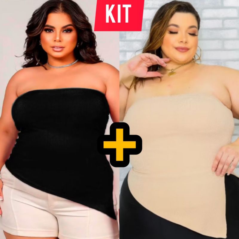KIT 2 Blusa tomara q Caia com Bojo ajustável ao corpo XG assimétrica Ribana canelada blusa lateral