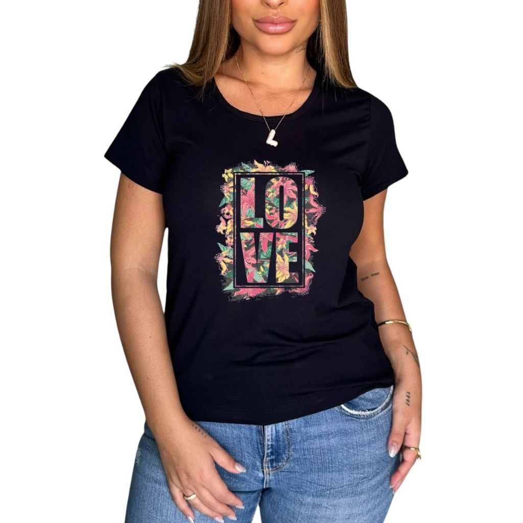 Blusa feminina T-Shirt com estampa Love Florido