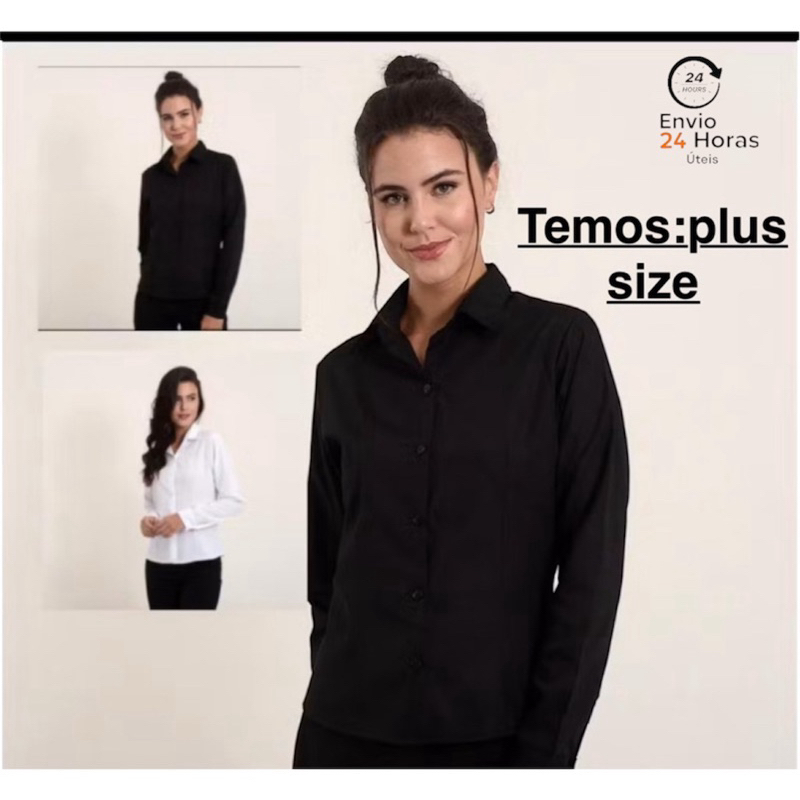 Camisete branca camisa social manga longa feminina gabardine preta e branca passa fácil direto da fábrica. em Oferta na Shopee
