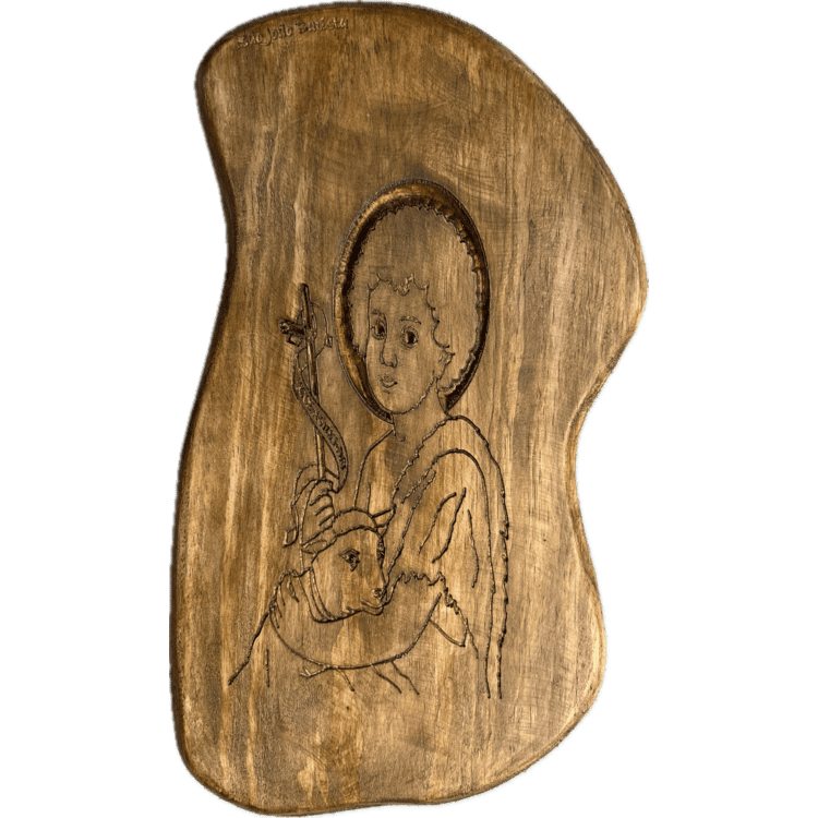SÃO JOÃO BATISTA (criança) - Quadro de Madeira Formato Orgânico Entalhe Simples artesanato decoracao rustica presente