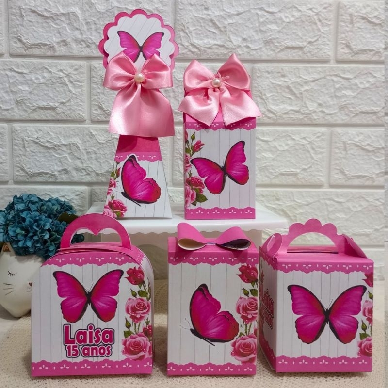 PEGUE E MONTE Kit Festa Personalizados JARDIM DAS BORBOLETAS ROSA Lembrancinhas Caixinhas