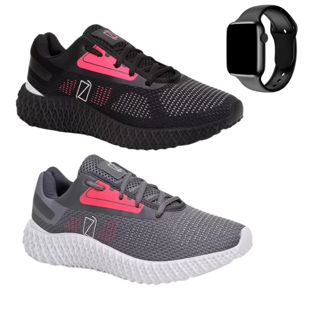 Kit 2 Pares Tênis Feminino Leve Confortável na Moda Academia Corrida Caminhada com relógio digital