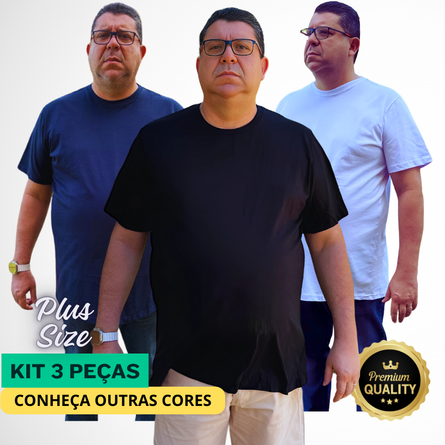 kit 3 Peças Camiseta Básica Plus Size 100% Algodão Masculina 30.1 Oversized G1 G2 G3 G4 G5 G6