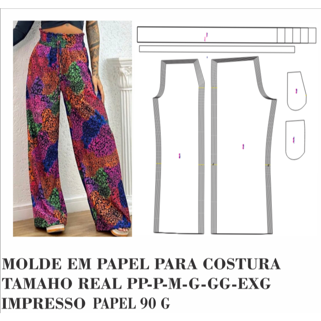 MOLDE ,MODELAGEM DE CALÇA PANTALONA FEMININA ,COS DE LASTEX EM PAPEL 90 GM PARA COSTURA  HSTZ-135