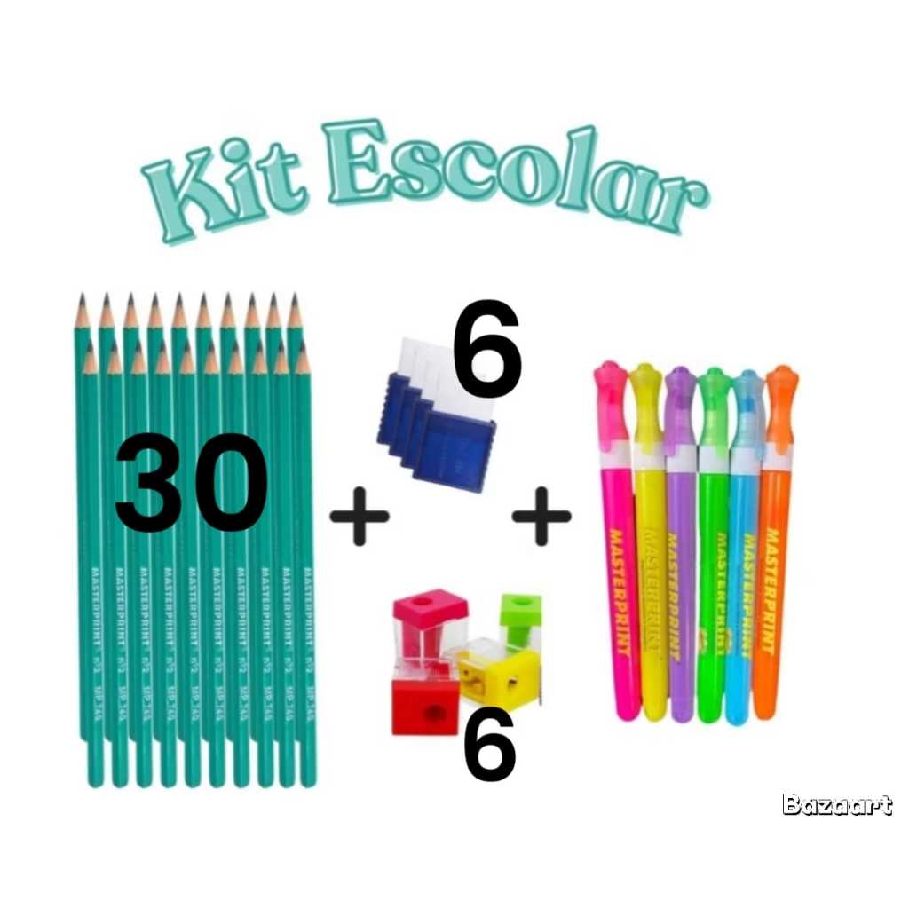 Kit Escolar 30 Lápis Escrever + 6 Borracha + 6 Apontador Mini C/ Depósito + Marca Texto Slim Neon