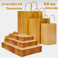 50 SACOLAS KRAFT PRESENTE LOJA LOJISTA P/M/G/GG OFF (LC)(CHOCO)