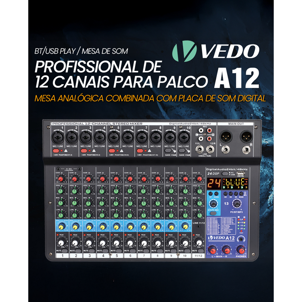 VEDO A12 Channel Audio Mixer Professional Portable Mixer Sound Table Board Digital MP3 Computer Input 48v Power Number