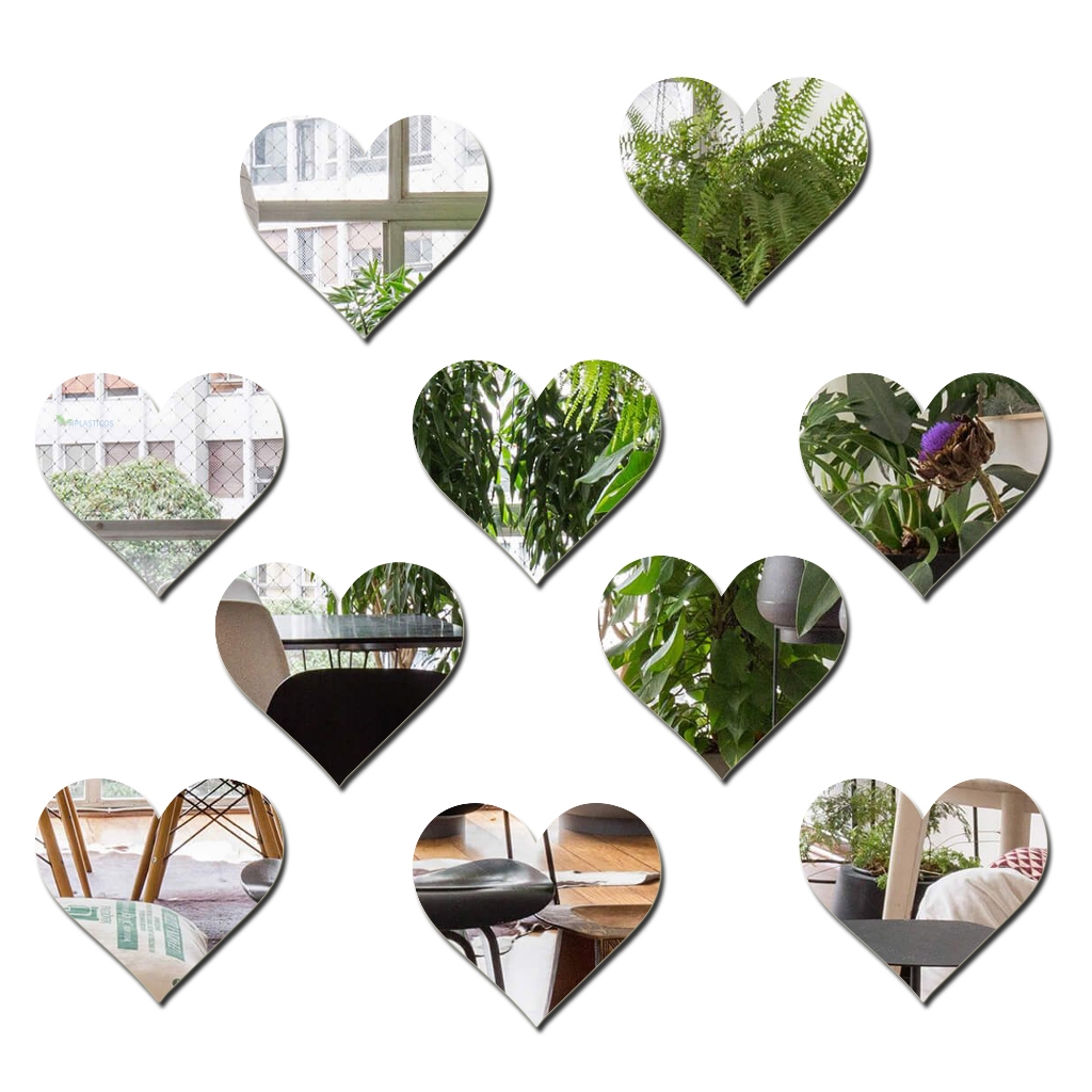 Espelho decorativo de coração em acrilico prata 10 cm kit 10
