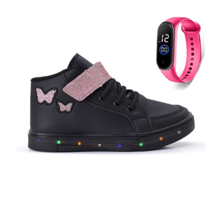 Kit Tenis Feminino Infantil Botinha Borboleta De Led Meninas Cano Alto + Relógio Linkito em Oferta na Shopee