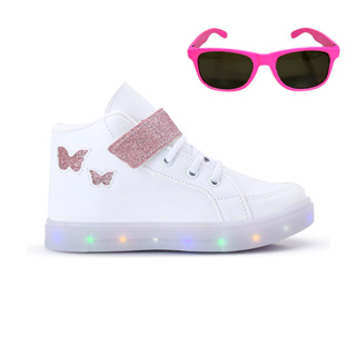 Kit Tenis Feminino Infantil Botinha Borboleta De Led Meninas Cano Alto + Óculos Linkito em Oferta na Shopee