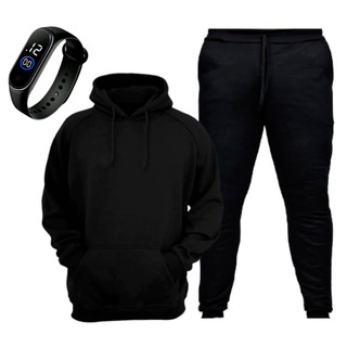 Kit Conjunto Moletom Canguru Capuz Bolso + Calça Moleton Flanelada Jogger + Relogio Unissex Inverno