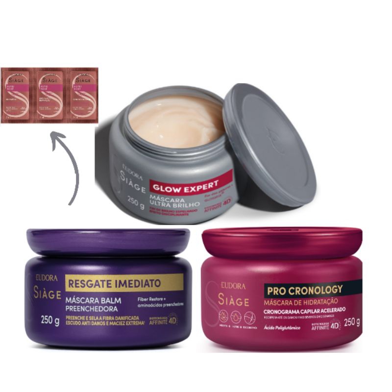 kit Cronograma Capilar Siage 3 Mascara Resgate Imediato, Glow Expert, Cauterização.