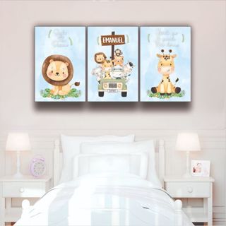 Quadros Decorativos 3 peças animais safari azul frase quadro personalizado para quarto de criança em Oferta na Shopee
