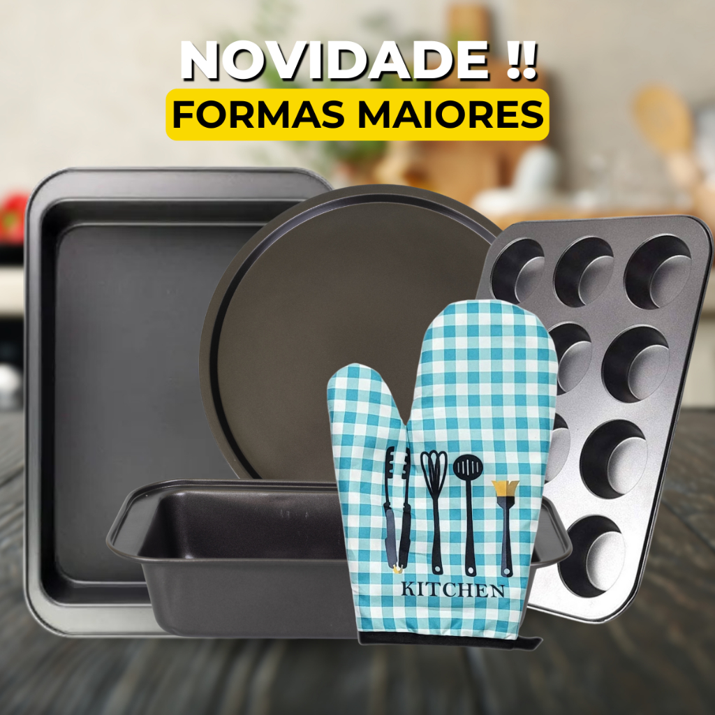 Forma KIT COM 4  Forma Assadeira Retangular Pizza Pão Cupcake 6 Furos e Luva de Cozinha