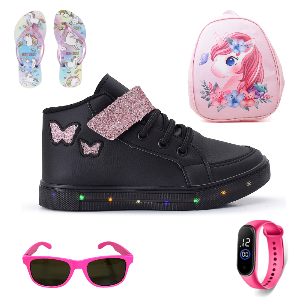 Kit Tenis Feminino Infantil Botinha Borboleta De Led Meninas Cano Alto + Mochila + Chinelo + Óculos + Relógio Linkito