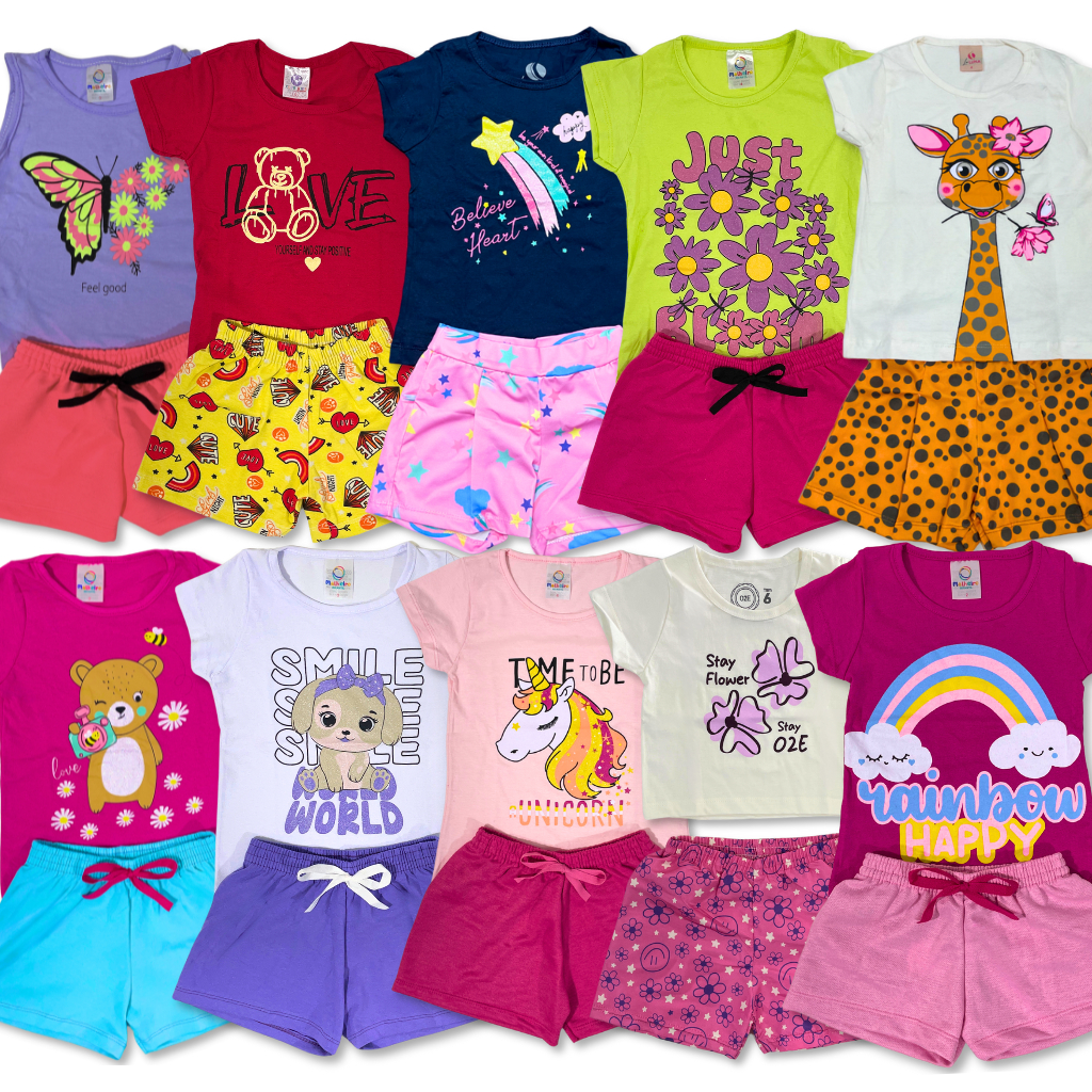 Kit 6 ou 10 Peças Conjunto Roupa Infantil Menina Verão Camiseta + Shorts Estampado Sortidos