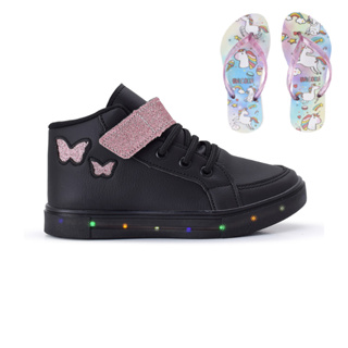 Kit Tenis Feminino Infantil Botinha Borboleta De Led Meninas Cano Alto + Chinelo Linkito em Oferta na Shopee
