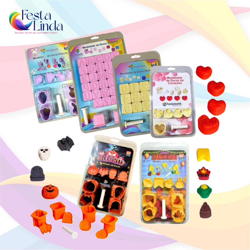 Kit Modelador de Doces Corações, Letras, Números, Páscoa, Festa Junina ou Halloween - Festplastik em Oferta na Shopee
