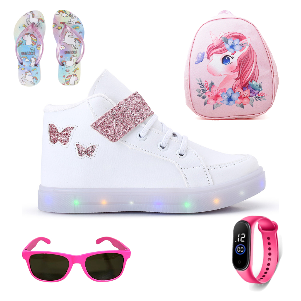 Kit Tenis Feminino Infantil Botinha Borboleta De Led Meninas Cano Alto + Mochila + Chinelo + Óculos + Relógio Linkito