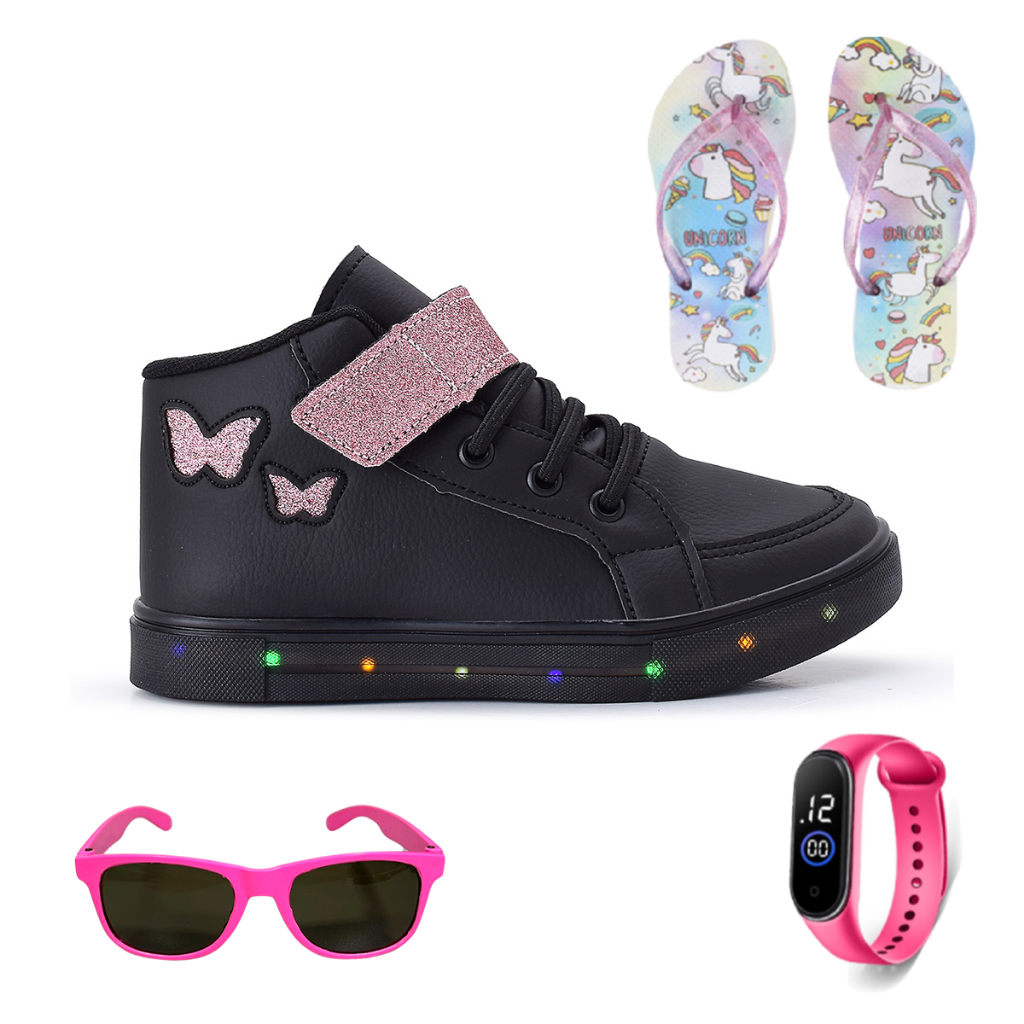 Kit Tenis Feminino Infantil Botinha Borboleta De Led Meninas Cano Alto + Chinelo + Óculos + Relógio Linkito