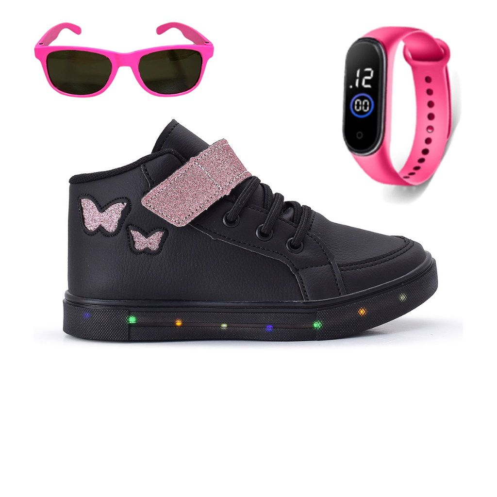 Kit Tenis Feminino Infantil Botinha Borboleta De Led Meninas Cano Alto + Óculos + Relógio Linkito