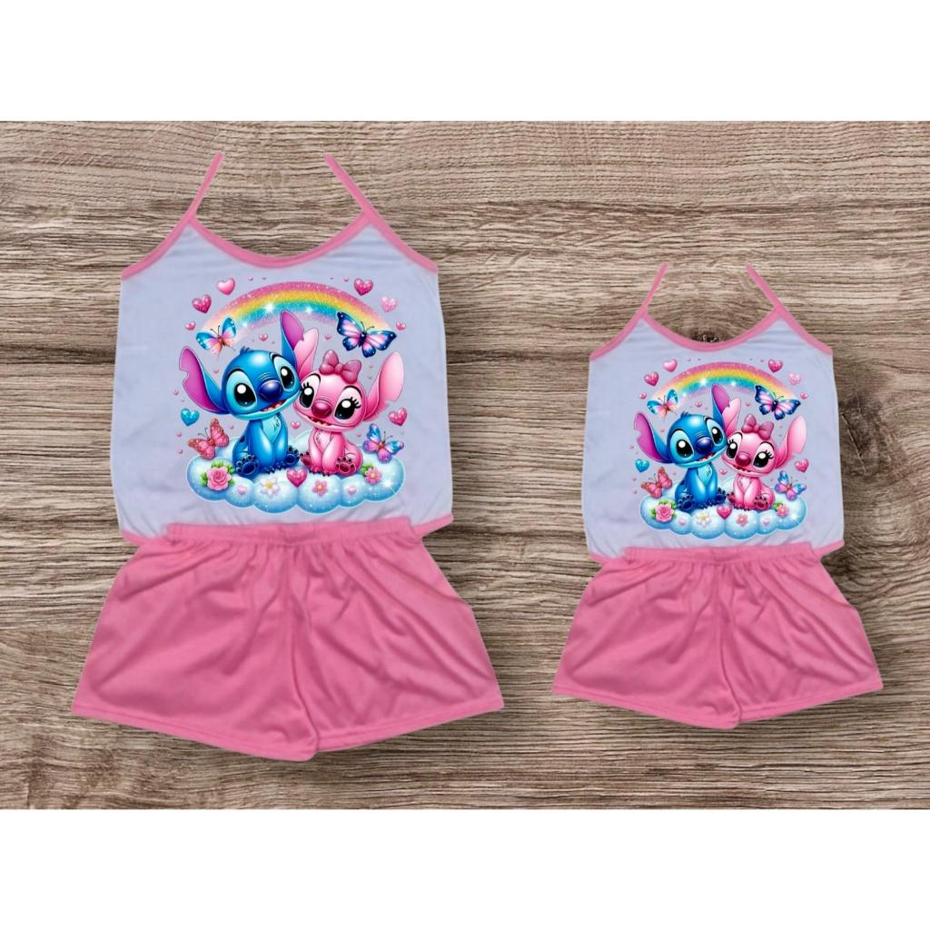 Pijama baby doll mãe e filha stitch malha pp