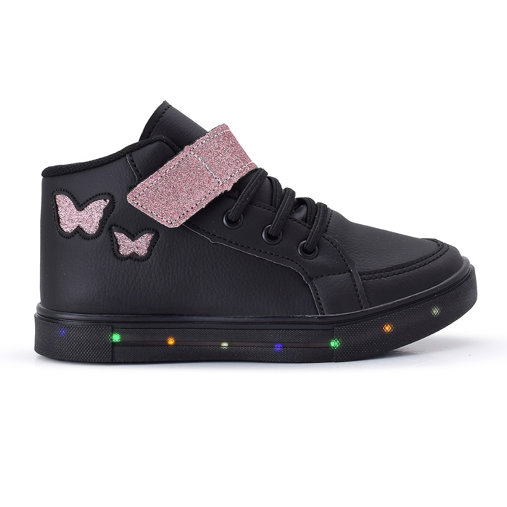 Tenis Feminino Infantil Botinha Borboleta De Led Meninas Cano Alto com Luzinha Linkito