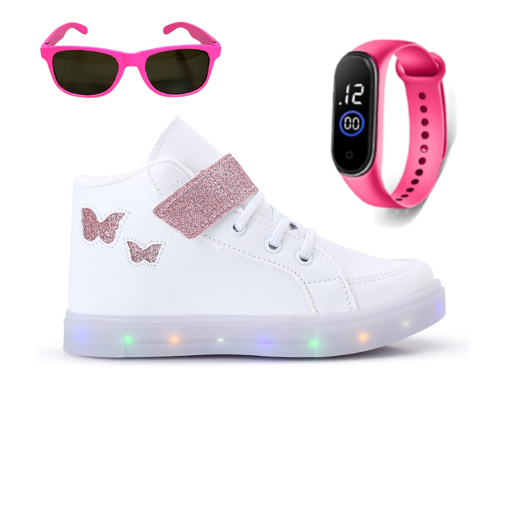 Kit Tenis Feminino Infantil Botinha Borboleta Led Meninas Cano Alto + Óculos + Relógio Linkito