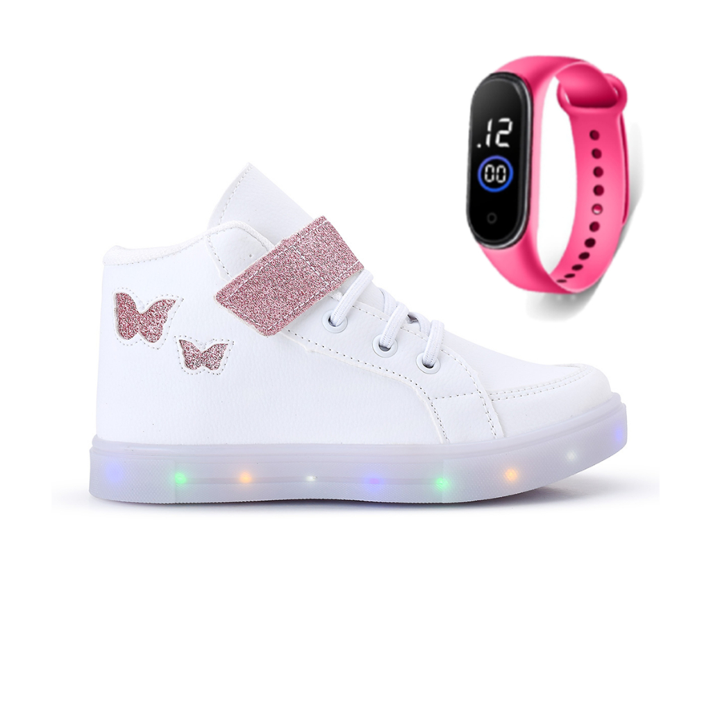 Kit Tenis Feminino Infantil Botinha Borboleta De Led Meninas Cano Alto + Relógio Linkito
