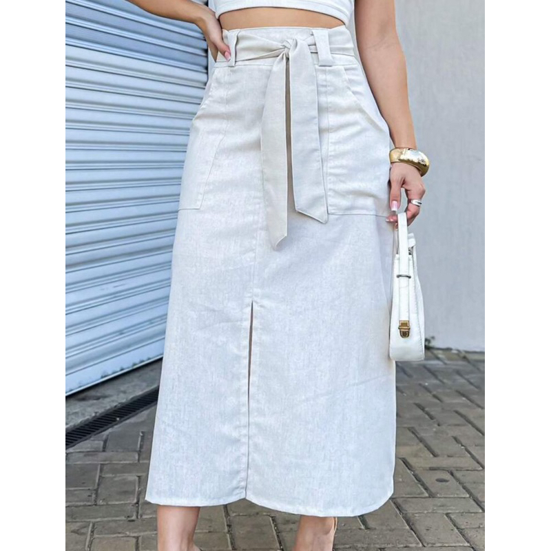 Saia Feminina Midi Linho Moda Evangélica Com Cinto no Material do Tecido Cintura Alta