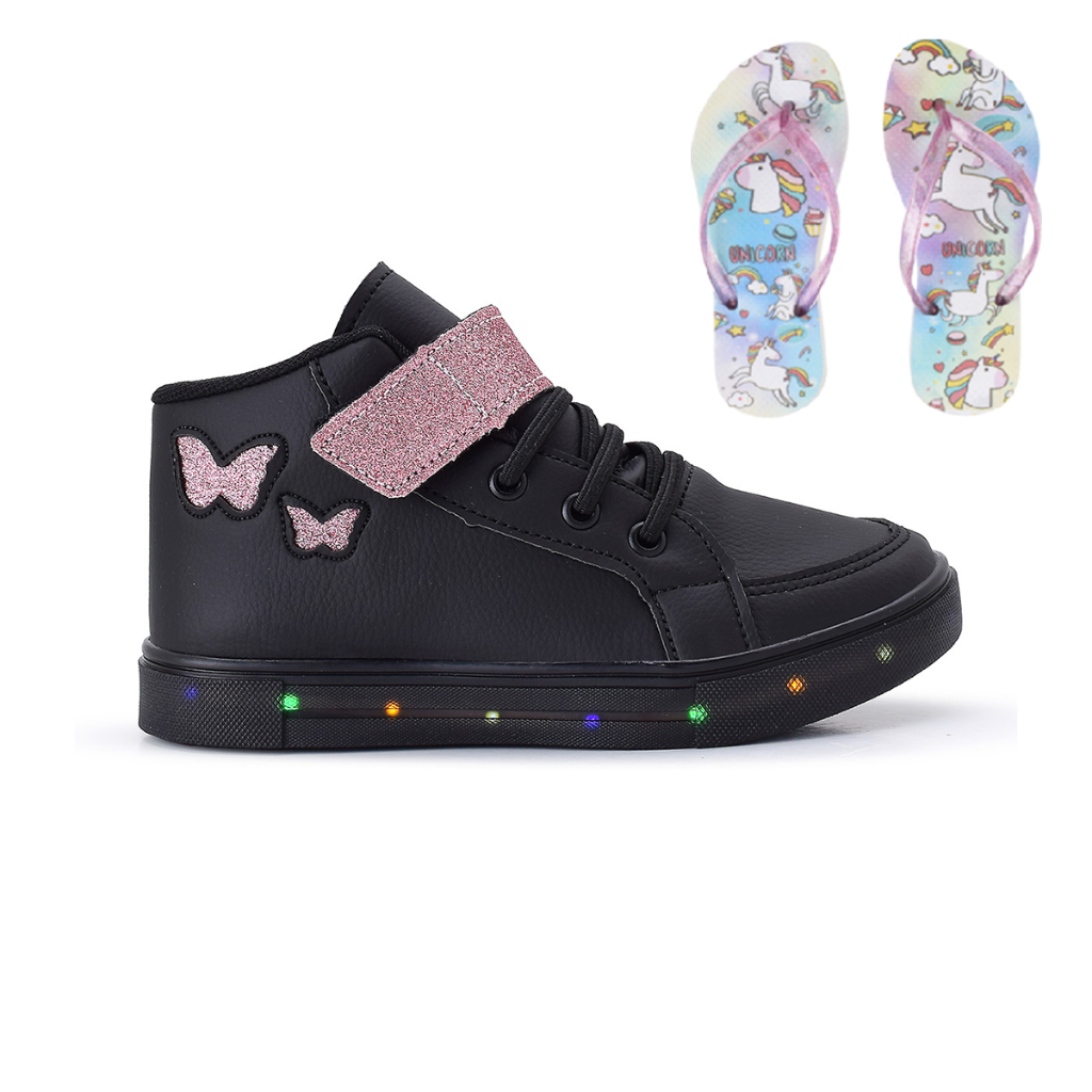 Kit Tenis Feminino Infantil Botinha Borboleta De Led Meninas Cano Alto + Chinelo Linkito