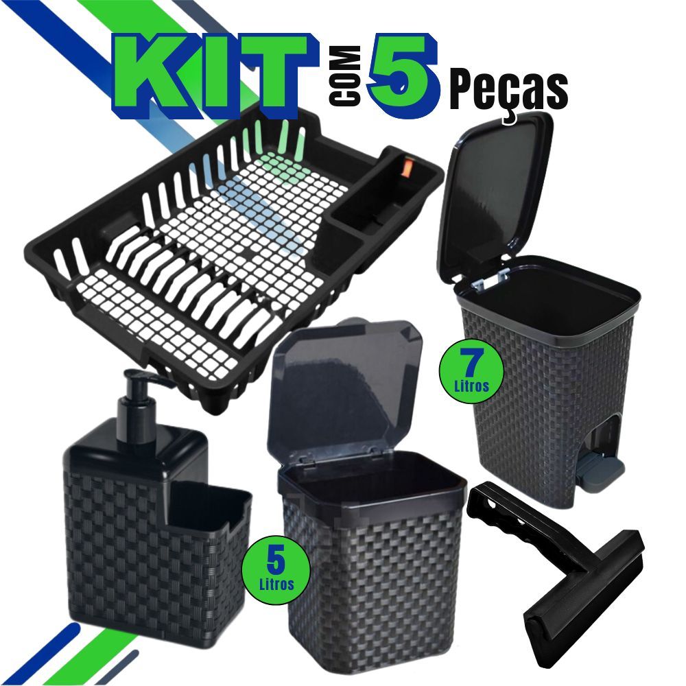 Kit Lixeira Pia 5 Litros + Lixeira 7 Litros + Porta Detergente + Rodinho de Pia + Escorredor Louça em Oferta na Shopee