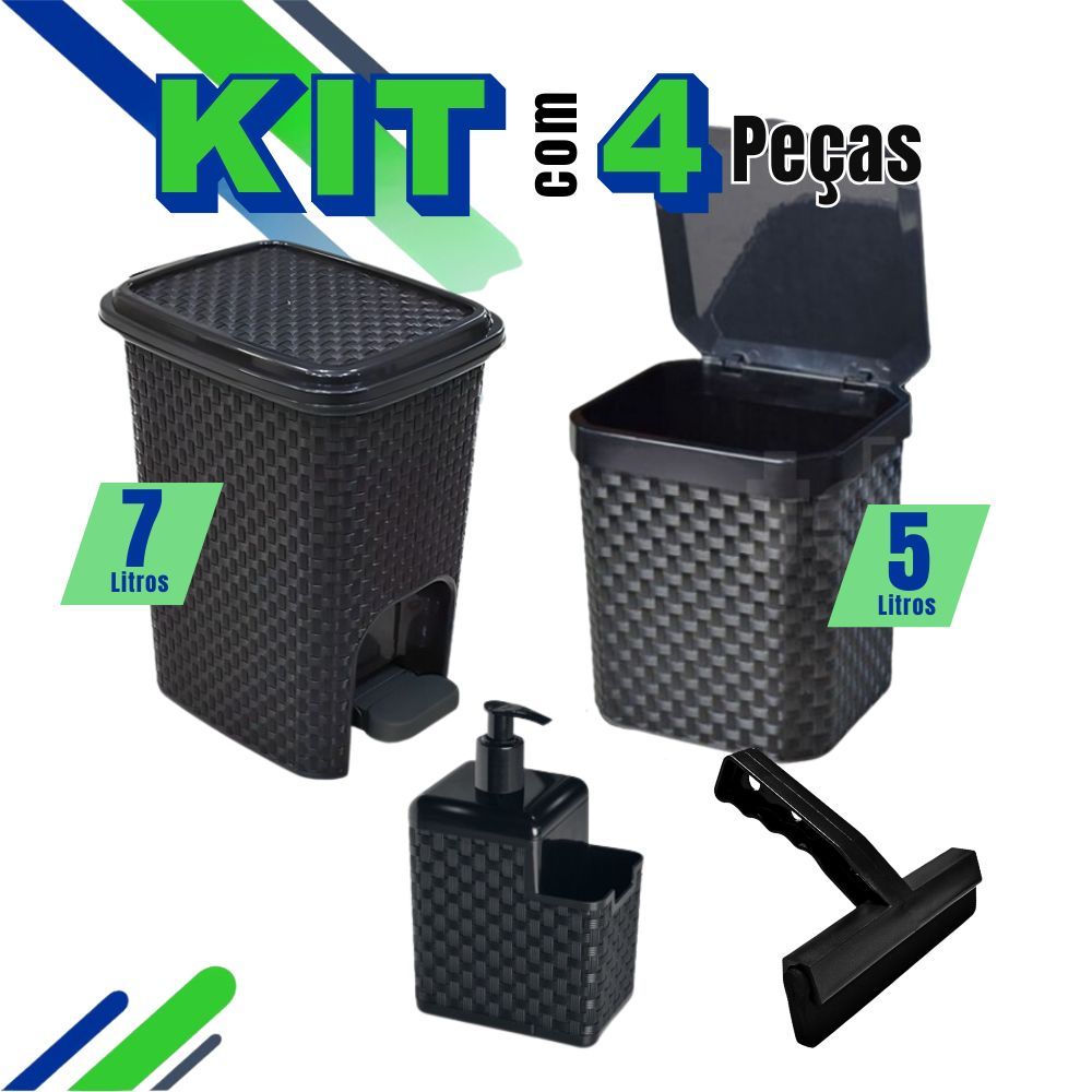 Kit Lixeira Pia 5 Litros + Lixeira 7 Litros c/ Pedal + Porta Detergente Sabão + Rodinho de Pia