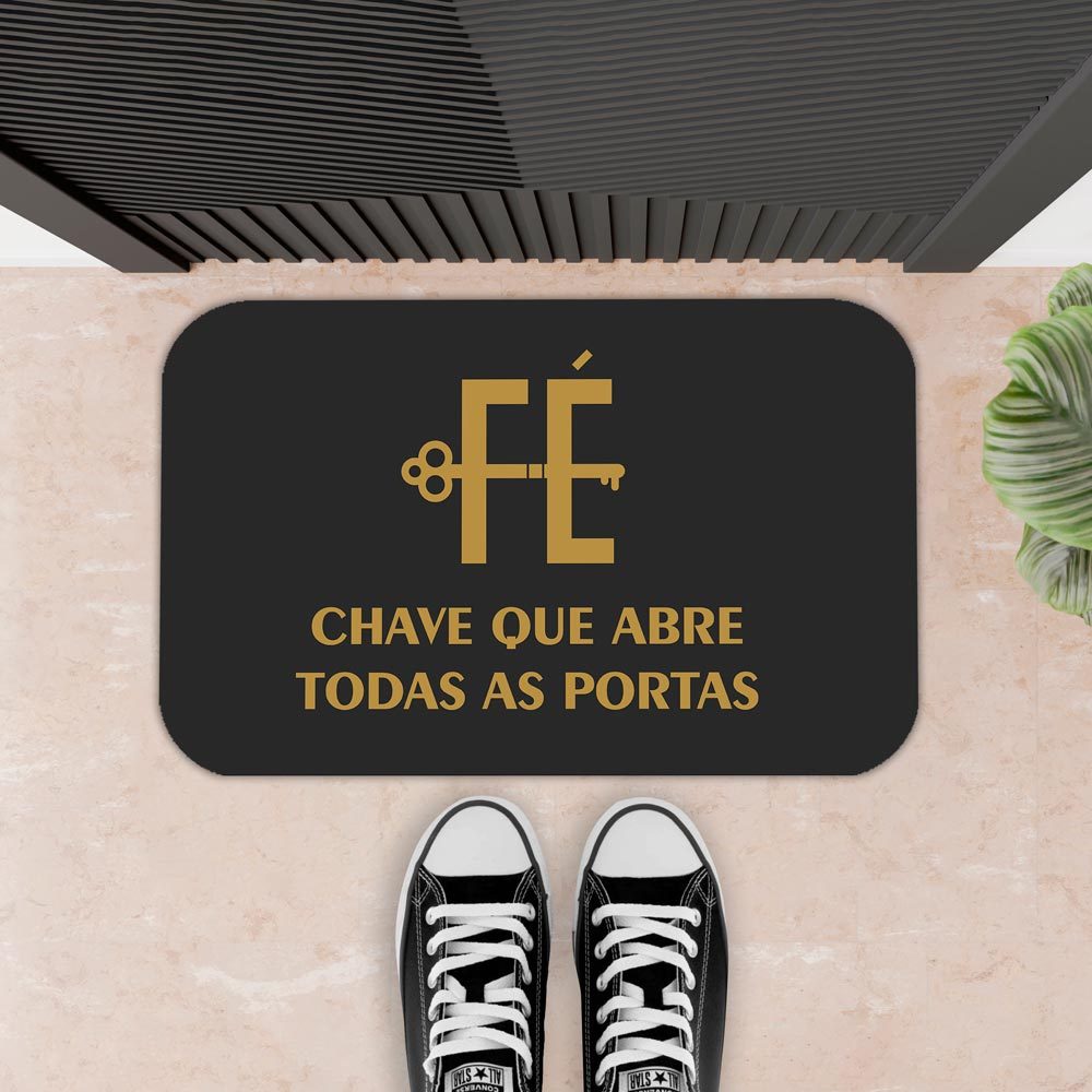 TAPETE PARA PORTA DECORATIVO - 34X60 - 2mm - FÉ CHAVE QUE ABRE TODAS AS PORTAS