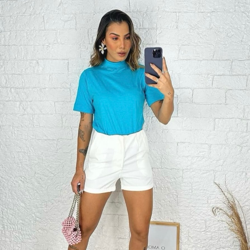 T-SHIRT BLUSA GOLA ALTA 100% ALGODÃO FEMENINO em Oferta na Shopee