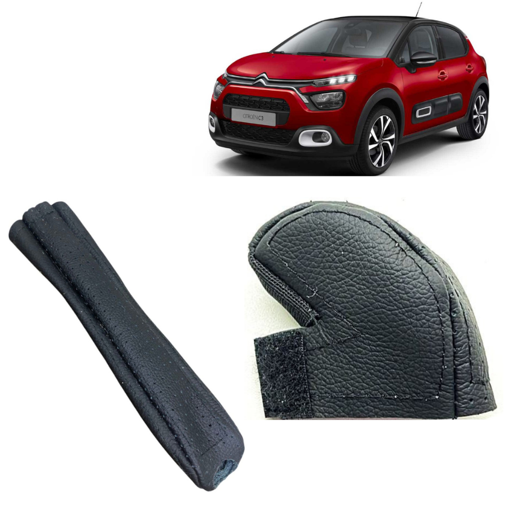 Capa Couro Legítimo Manopla Câmbio Manual + Alavanca Freio de Mão Citroen C3 Tech 2019 À  2021