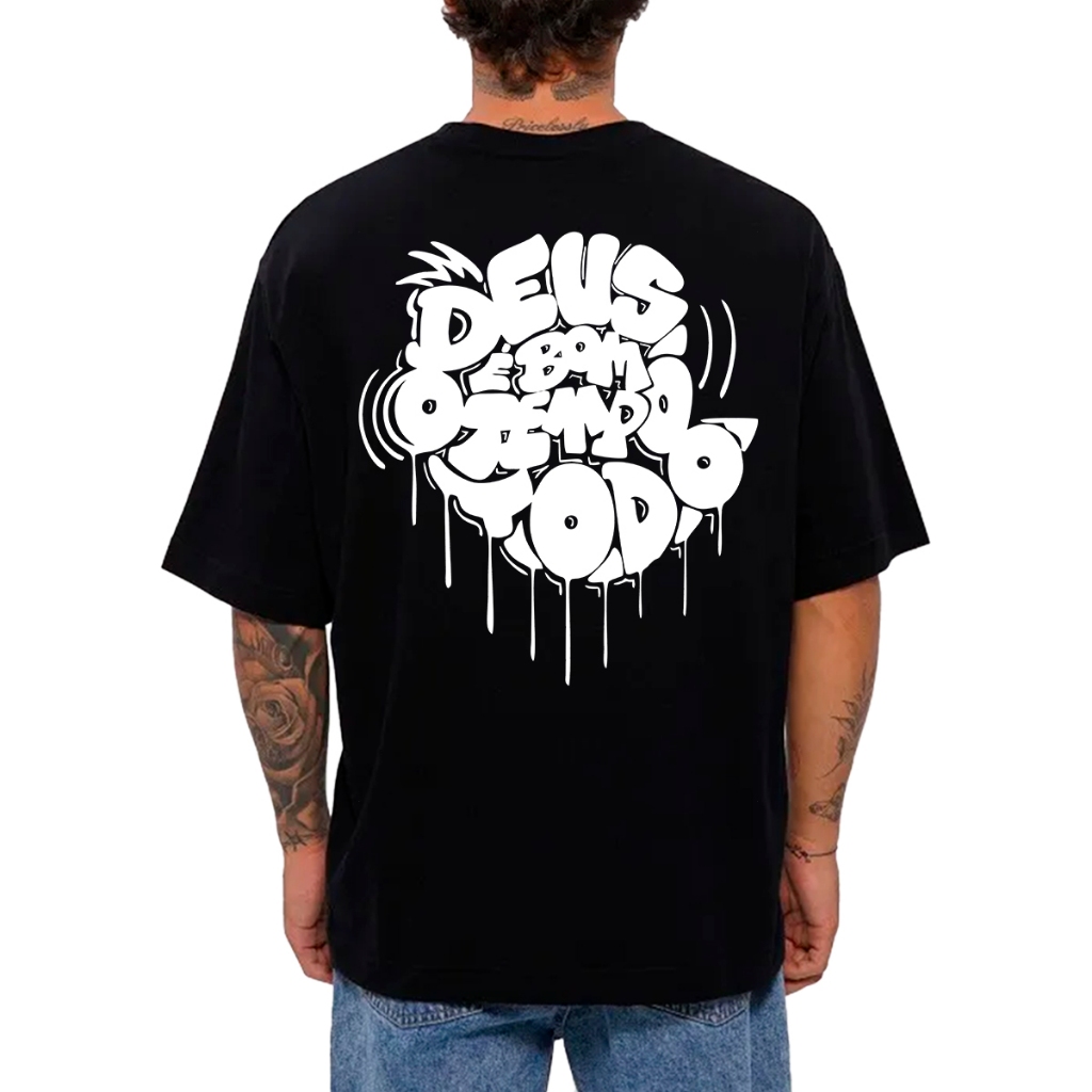 Camiseta Masculina Oversized Moda Frase Gospel Deus Estampa Religiosa Promoção Streetwear Exclusiva