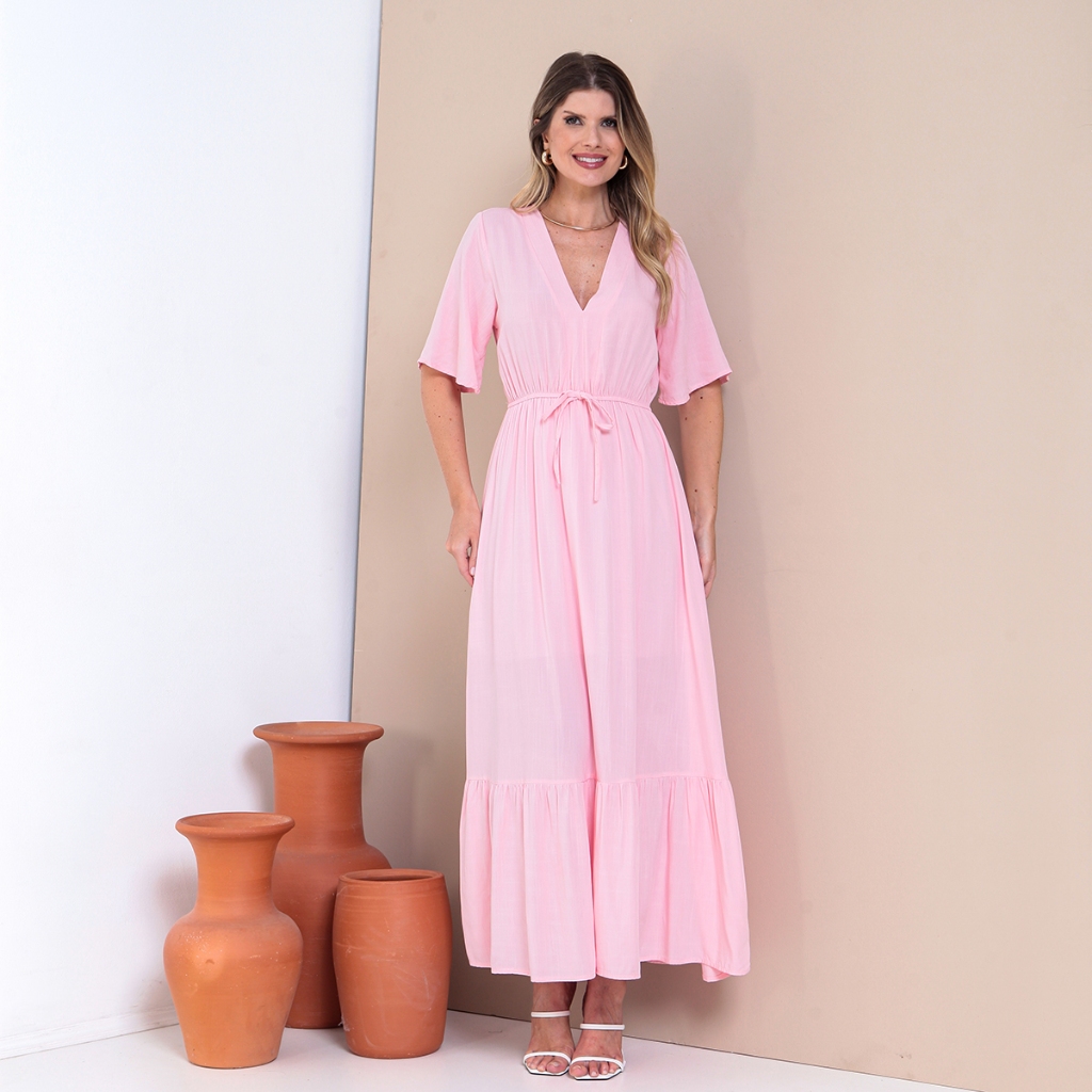 Vestido Longo Feminino Liso Com Elástico Na Cintura Moda Primavera/Verão Tecido Viscolinho