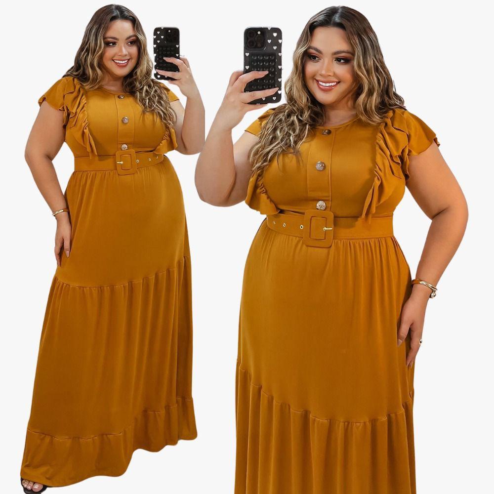 Vestido Feminino Longo Curve Evangélica Festa  Plus Size Tamanho Grande Tendencia  Botao