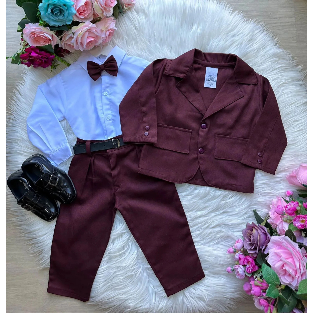 Terno Conjunto Infantil Social Casamento Menino Kit 5 Peças Paletó Calça Camisa Gravata Cinto Conjunto Blazer Marsala