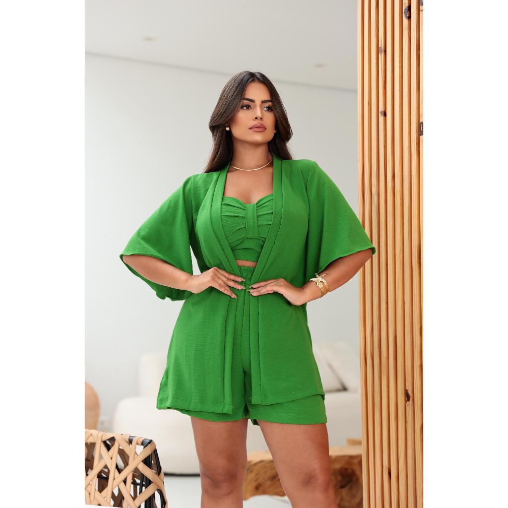Conjunto Kimono Liso Feminino Verão 3 Peças Cropped Short Verde Laranja Azul Preto e Rosa Elegante e Confortável