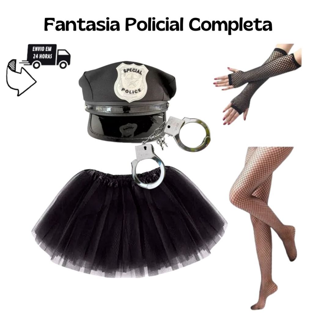 Kit Policial Feminina Completo para Carnaval e Festas Saia Tule 40cm, Algema, Quepe, Meia e Luva em Oferta na Shopee