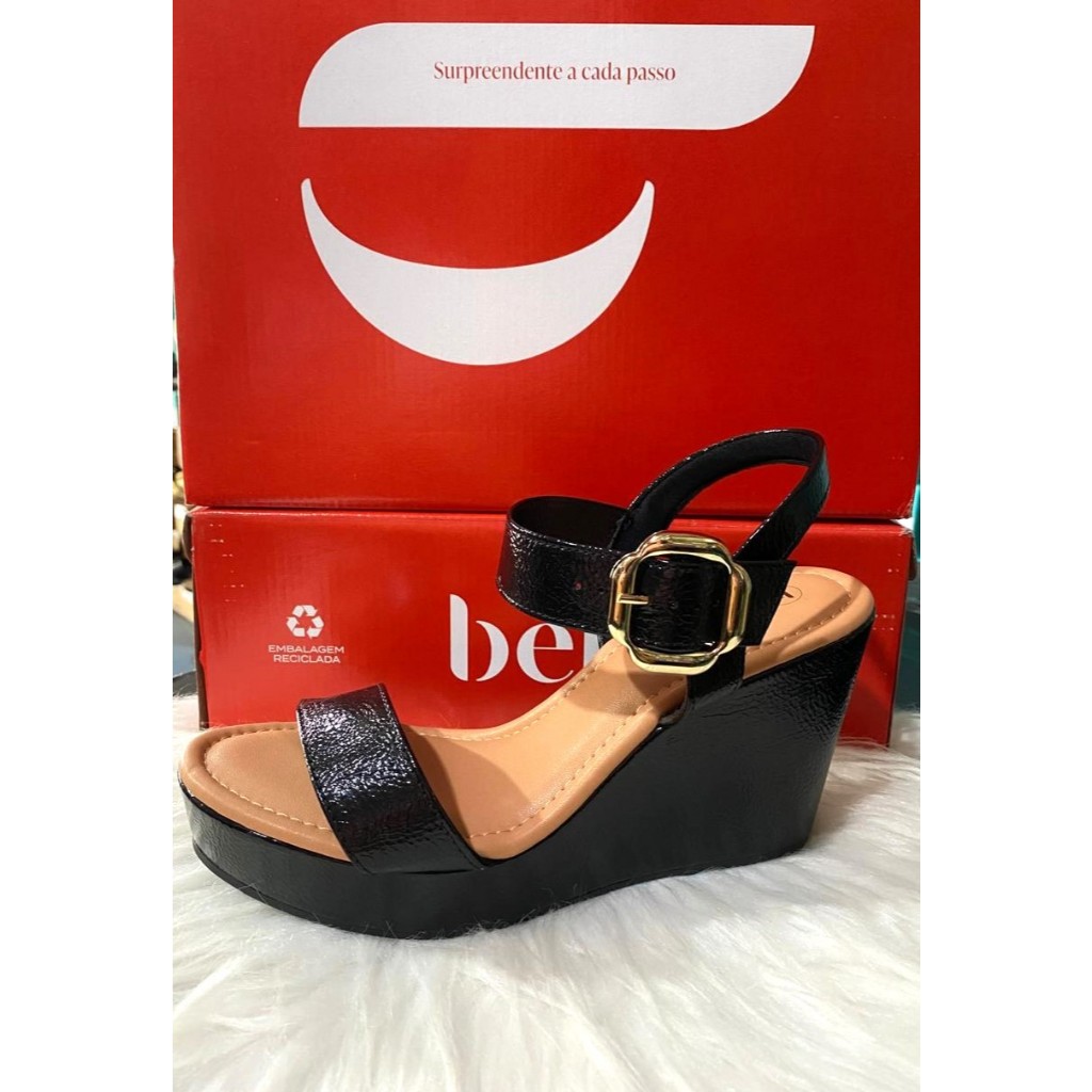 Sandália Anabela Bebecê ORIGINAL Casual - Napa Preto Fivela T9213