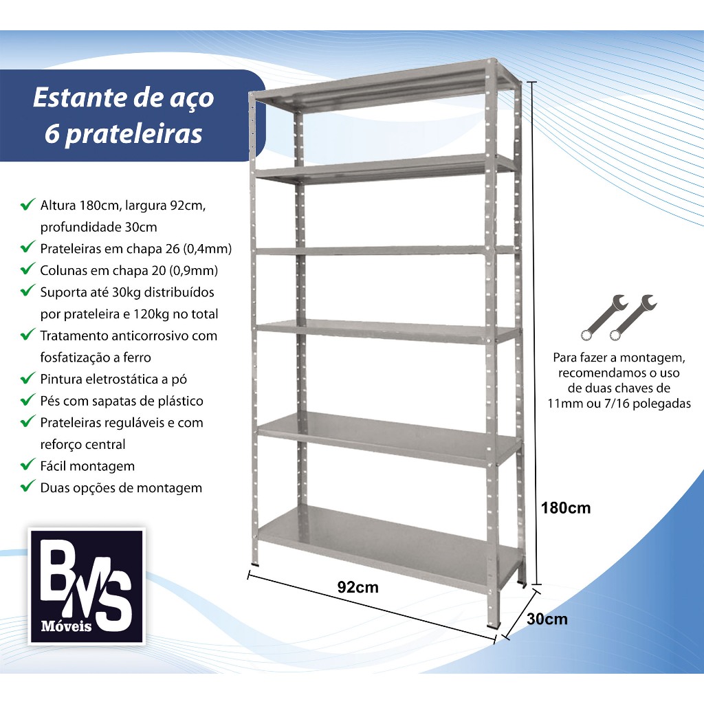 Estante várias cores 6 prateleiras reguláveis de aço 30cm multiuso 30kg