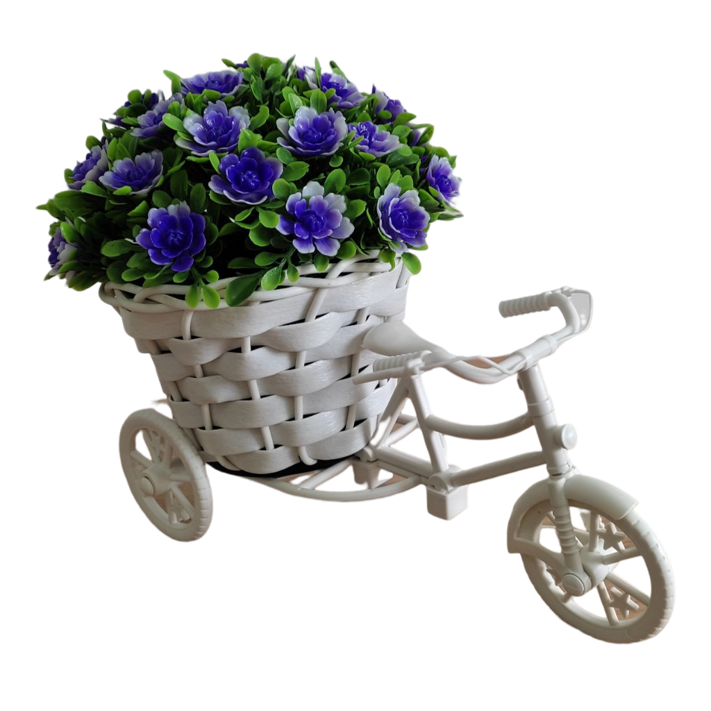 Bicicleta Miniatura com Arranjo de Flores Artificiais na cor Roxa para Decoração Vitrine Mesa Balcão copo/Bucho