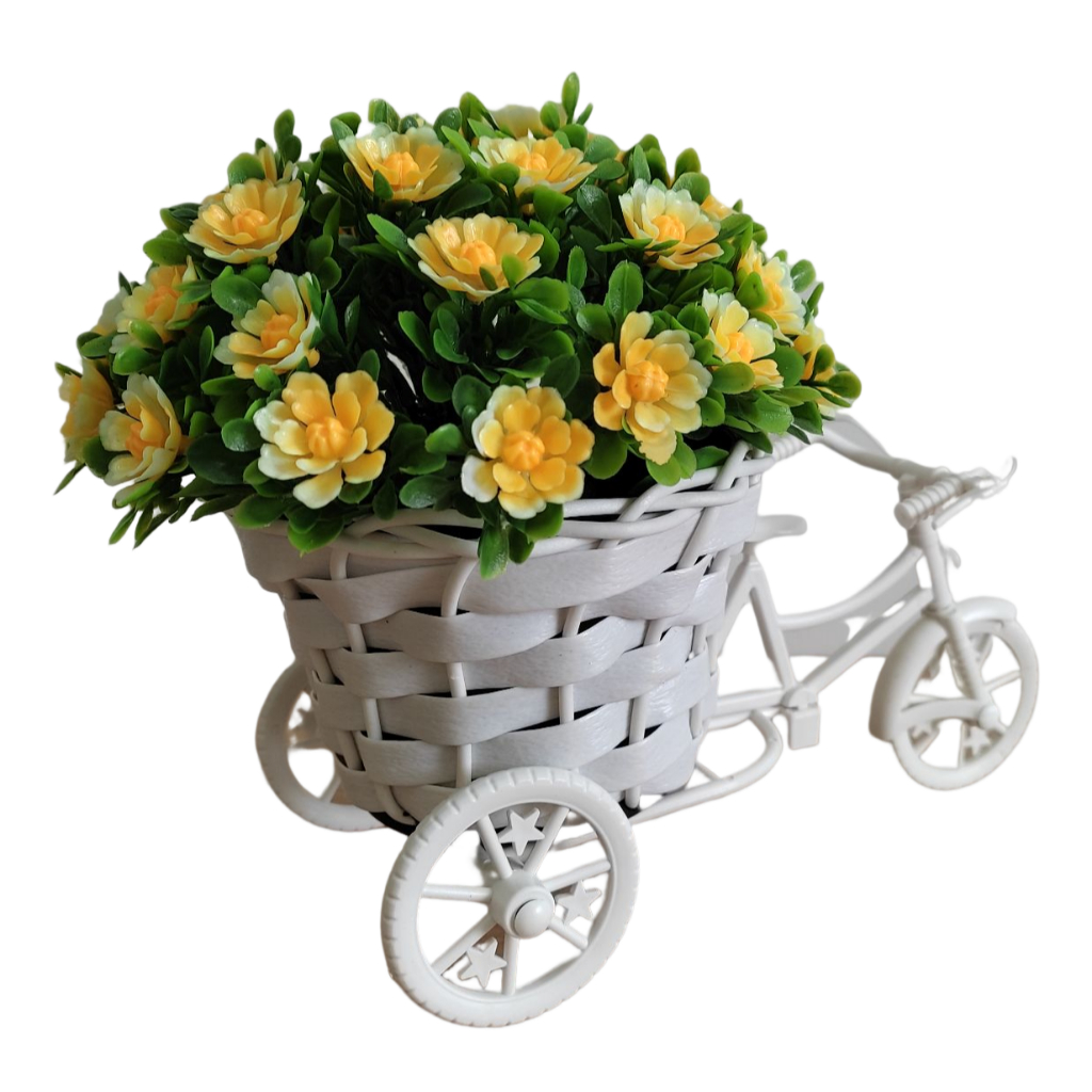 Bicicleta Miniatura com Arranjo de Flores Artificial na cor amarela Mesa Vitrine Decoração Balcão copo/Bucho