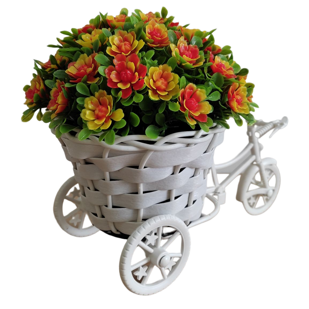 Bicicleta Miniatura com Arranjo de Flores Artificiais na cor Laranja para Decoração Vitrine Mesa Balcão copo/Bucho