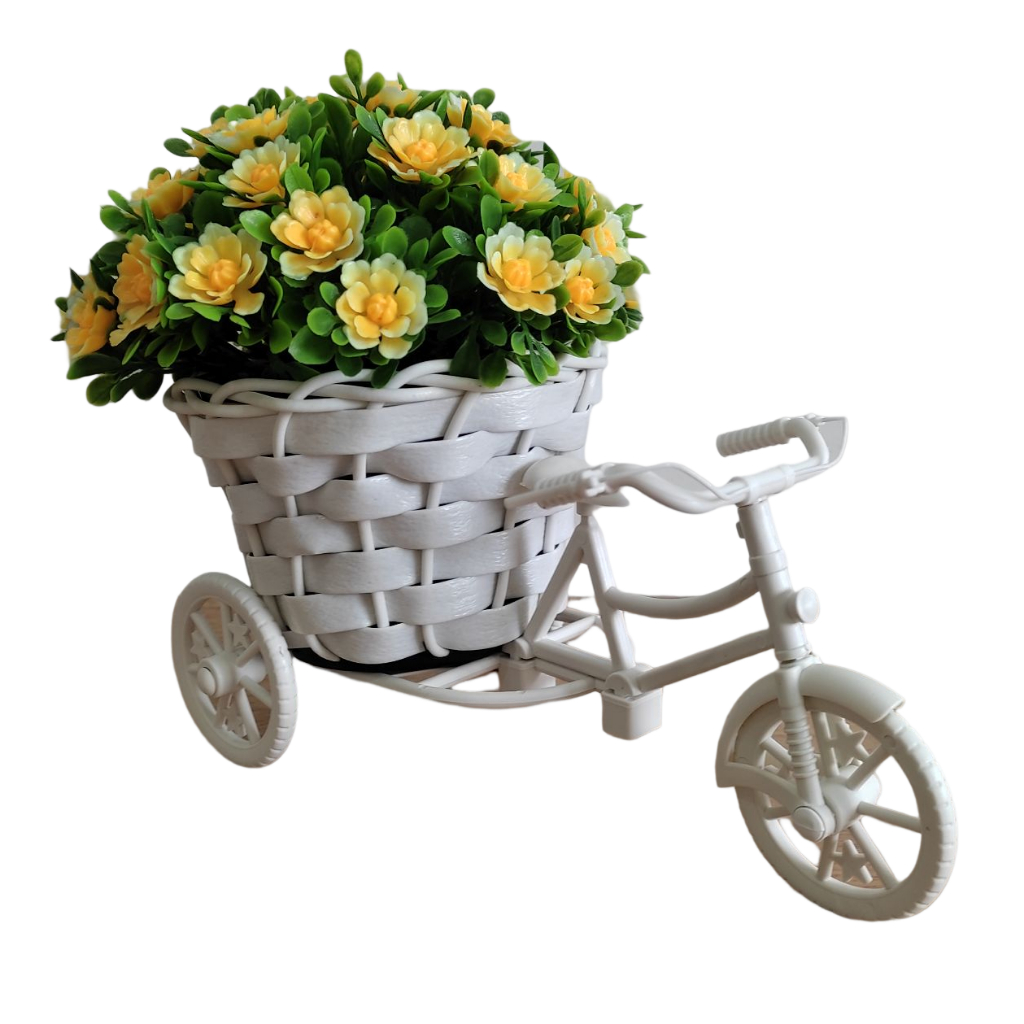 Bicicleta Miniatura com Arranjo de Flores na cor Amarela para Decoração Mesa Vitrine Balcão Vime/Bucho
